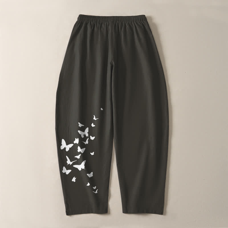 Buddha Stones Pantaloni da uomo affusolati in puro cotone bianco con motivo a farfalle e coulisse, con tasche. - image 3
