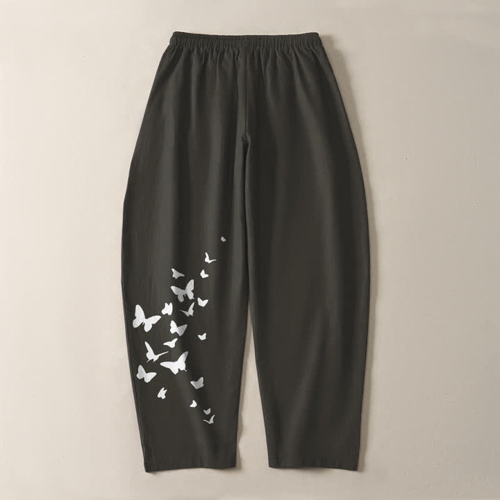 Buddha Stones Pantaloni da uomo affusolati in puro cotone bianco con motivo a farfalle e coulisse, con tasche. - image 3