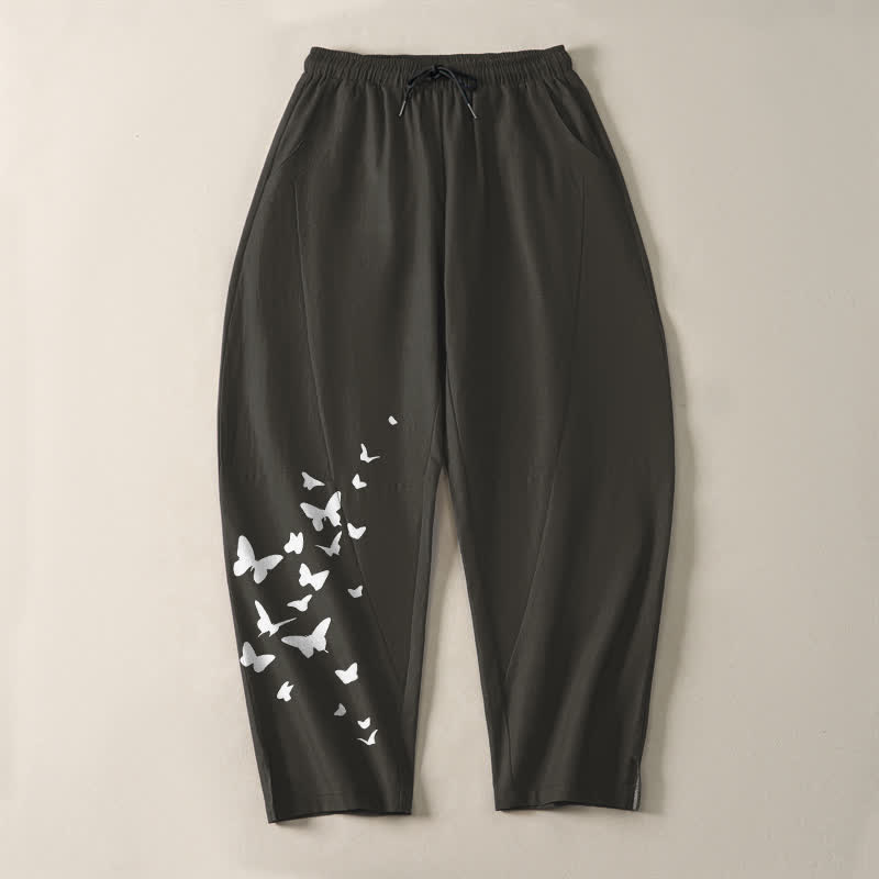Buddha Stones Pantaloni da uomo affusolati in puro cotone bianco con motivo a farfalle e coulisse, con tasche. - image 2
