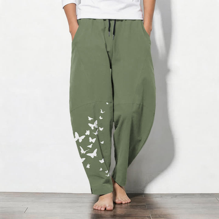 Buddha Stones Pantaloni da uomo affusolati in puro cotone bianco con motivo a farfalle e coulisse, con tasche. - Verde oliva - US/UK/AU50, EU60 (5XL) - image 7