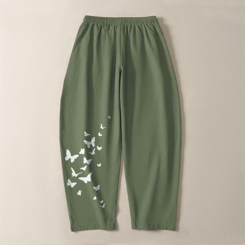 Buddha Stones Pantaloni da uomo affusolati in puro cotone bianco con motivo a farfalle e coulisse, con tasche. - image 10