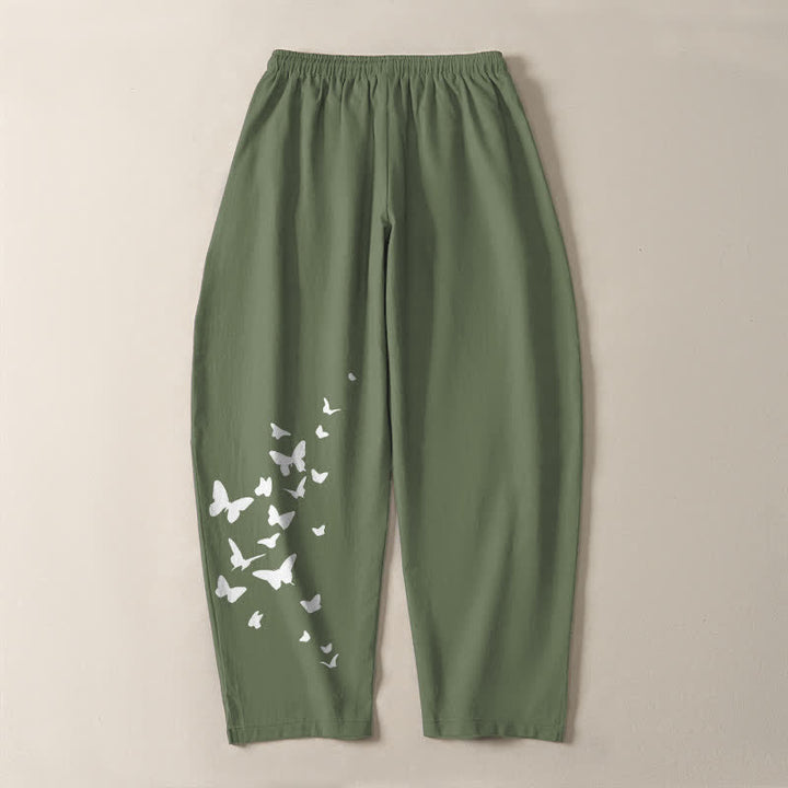 Buddha Stones Pantaloni da uomo affusolati in puro cotone bianco con motivo a farfalle e coulisse, con tasche. - image 10