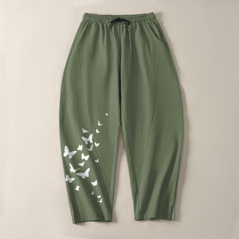 Buddha Stones Pantaloni da uomo affusolati in puro cotone bianco con motivo a farfalle e coulisse, con tasche. - image 9
