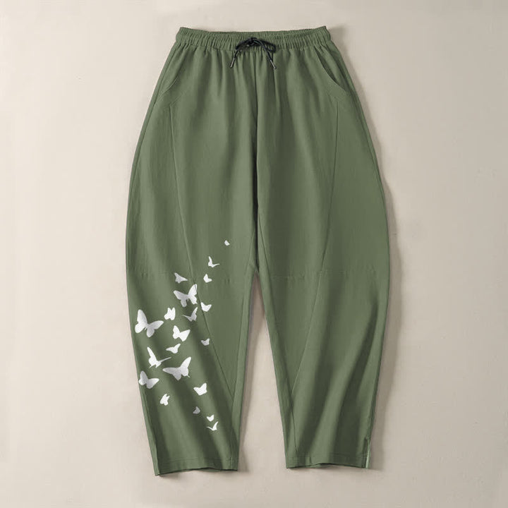 Buddha Stones Pantaloni da uomo affusolati in puro cotone bianco con motivo a farfalle e coulisse, con tasche. - image 9
