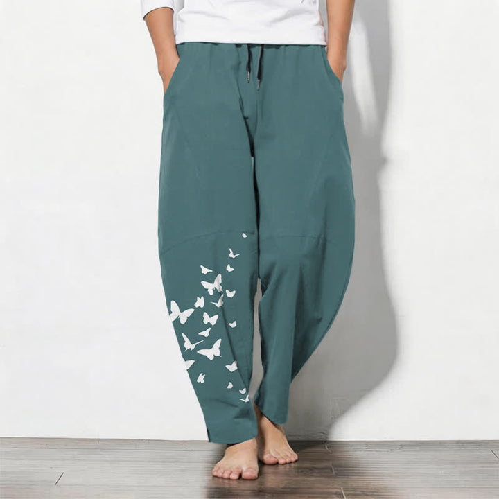 Buddha Stones Pantaloni da uomo affusolati in puro cotone bianco con motivo a farfalle e coulisse, con tasche. - Cadetto Blu - US/UK/AU50, EU60 (5XL) - image 11