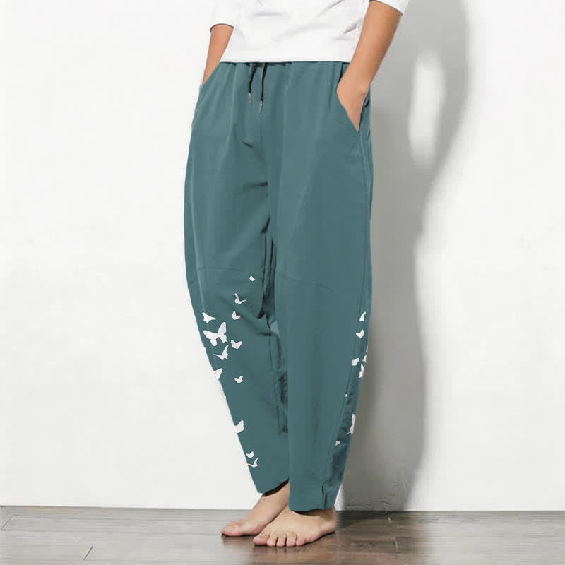 Buddha Stones Pantaloni da uomo affusolati in puro cotone bianco con motivo a farfalle e coulisse, con tasche. - image 12
