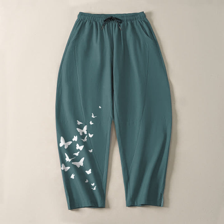 Buddha Stones Pantaloni da uomo affusolati in puro cotone bianco con motivo a farfalle e coulisse, con tasche. - image 13