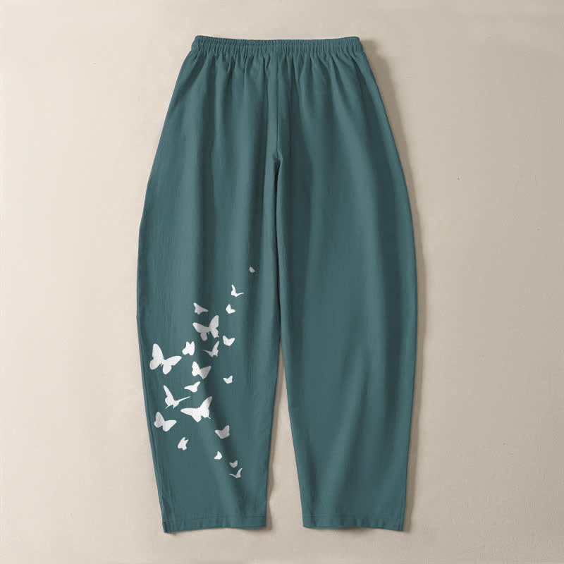 Buddha Stones Pantaloni da uomo affusolati in puro cotone bianco con motivo a farfalle e coulisse, con tasche. - image 14