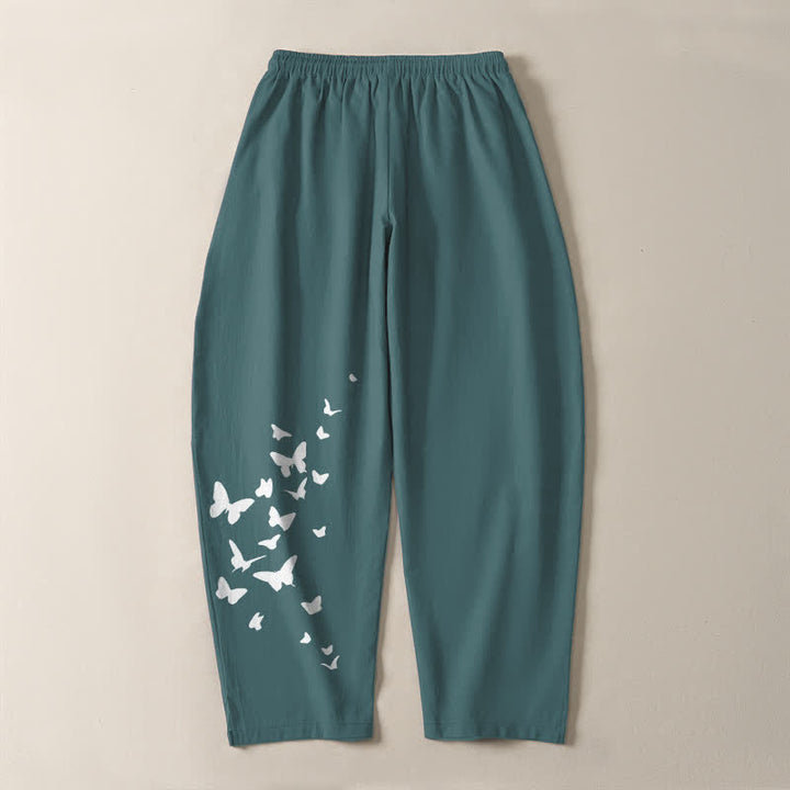 Buddha Stones Pantaloni da uomo affusolati in puro cotone bianco con motivo a farfalle e coulisse, con tasche. - image 14