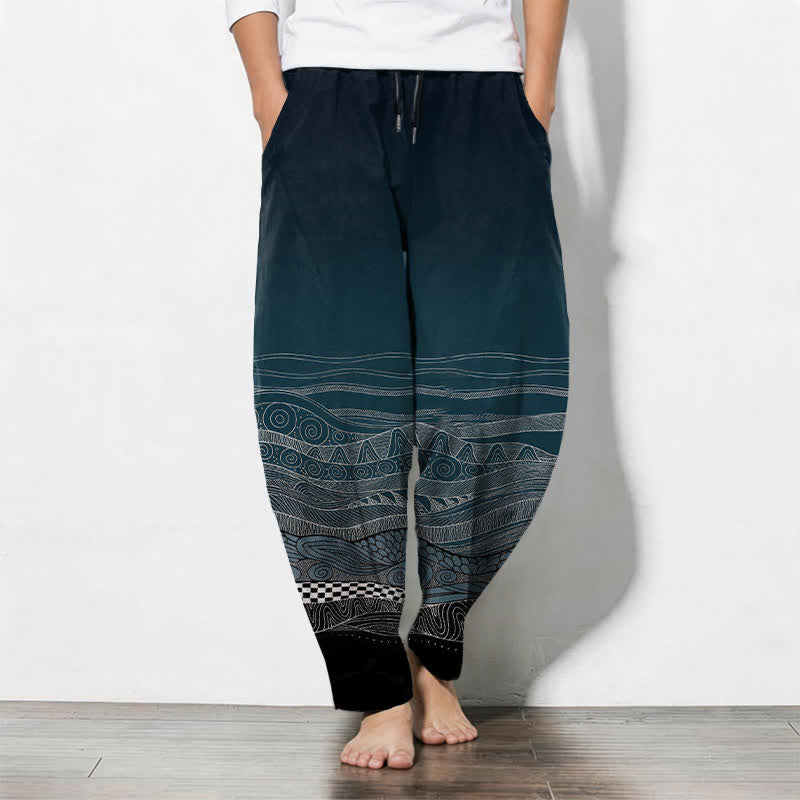 Buddha Stones Pantaloni da uomo affusolati in puro cotone con motivo a onde tribali e coulisse, con tasche. - Verde acqua - US/UK/AU50, EU60 (5XL) - image 0