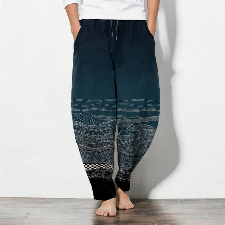 Buddha Stones Pantaloni da uomo affusolati in puro cotone con motivo a onde tribali e coulisse, con tasche. - Verde acqua - US/UK/AU50, EU60 (5XL) - image 0
