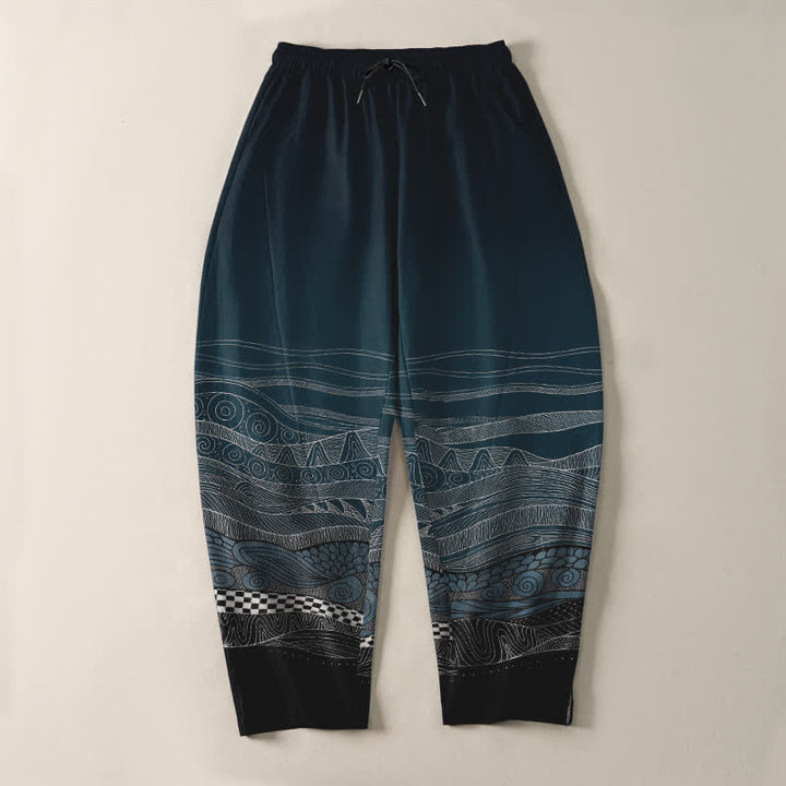 Buddha Stones Pantaloni da uomo affusolati in puro cotone con motivo a onde tribali e coulisse, con tasche. - image 2