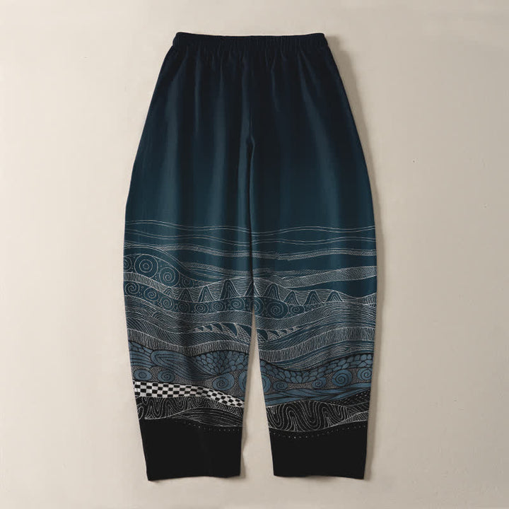 Buddha Stones Pantaloni da uomo affusolati in puro cotone con motivo a onde tribali e coulisse, con tasche. - image 3
