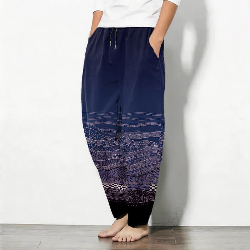 Buddha Stones Pantaloni da uomo affusolati in puro cotone con motivo a onde tribali e coulisse, con tasche. - image 8