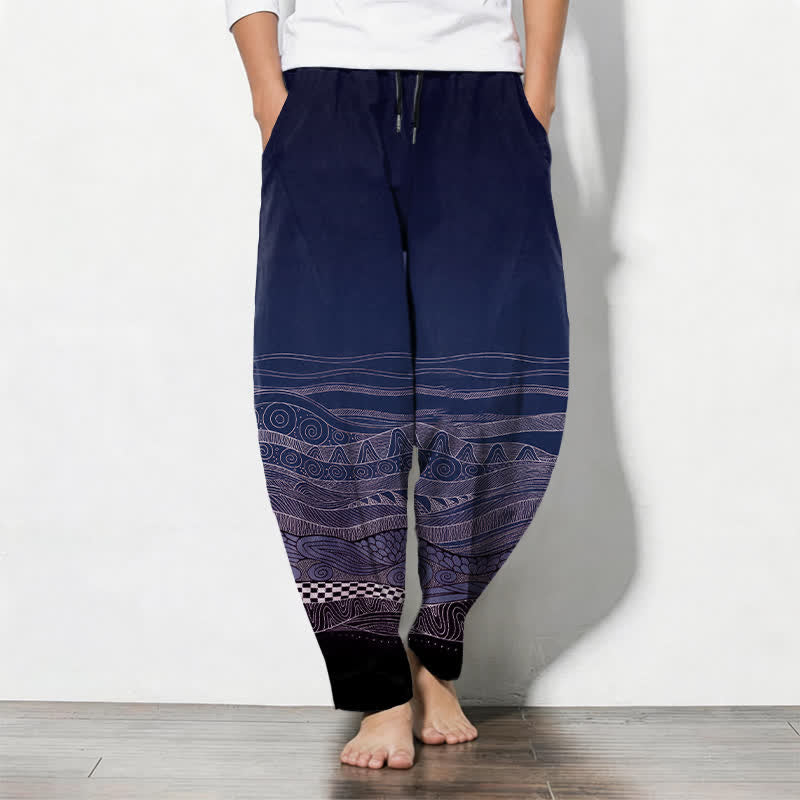 Buddha Stones Pantaloni da uomo affusolati in puro cotone con motivo a onde tribali e coulisse, con tasche. - Marina - US/UK/AU50, EU60 (5XL) - image 7
