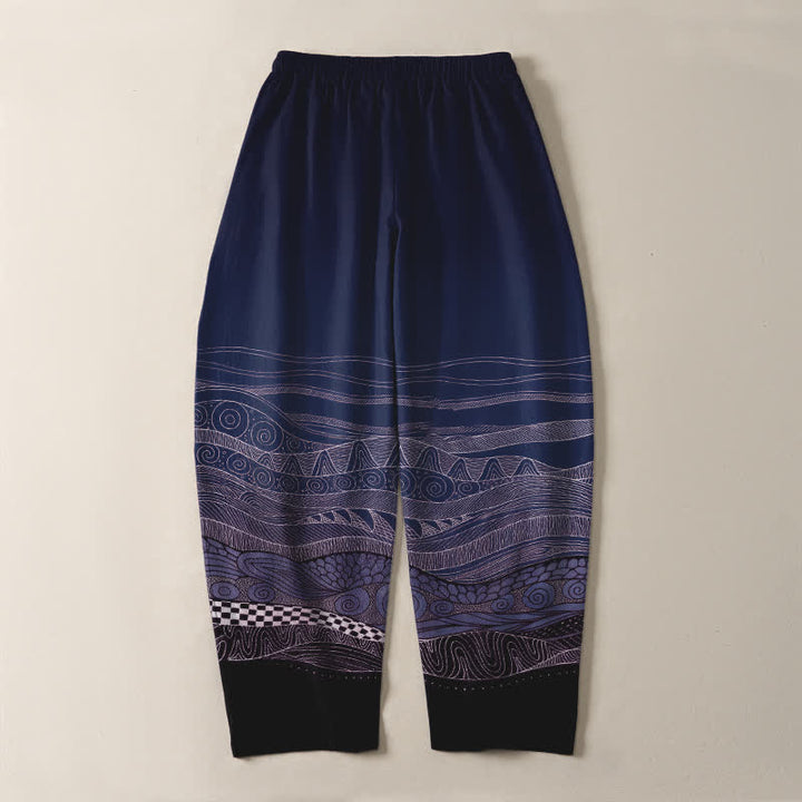Buddha Stones Pantaloni da uomo affusolati in puro cotone con motivo a onde tribali e coulisse, con tasche. - image 10