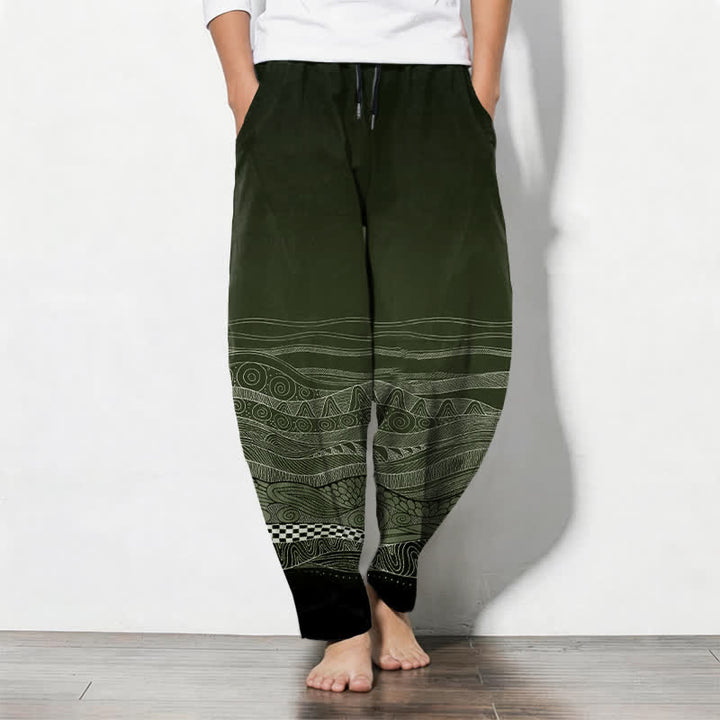 Buddha Stones Pantaloni da uomo affusolati in puro cotone con motivo a onde tribali e coulisse, con tasche. - Verde oliva scuro - US/UK/AU50, EU60 (5XL) - image 11
