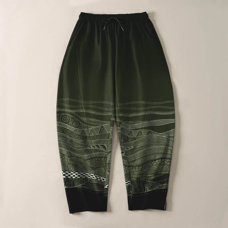 Buddha Stones Pantaloni da uomo affusolati in puro cotone con motivo a onde tribali e coulisse, con tasche. - image 13