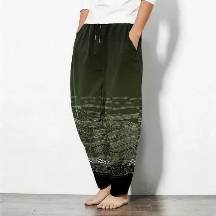 Buddha Stones Pantaloni da uomo affusolati in puro cotone con motivo a onde tribali e coulisse, con tasche. - image 12