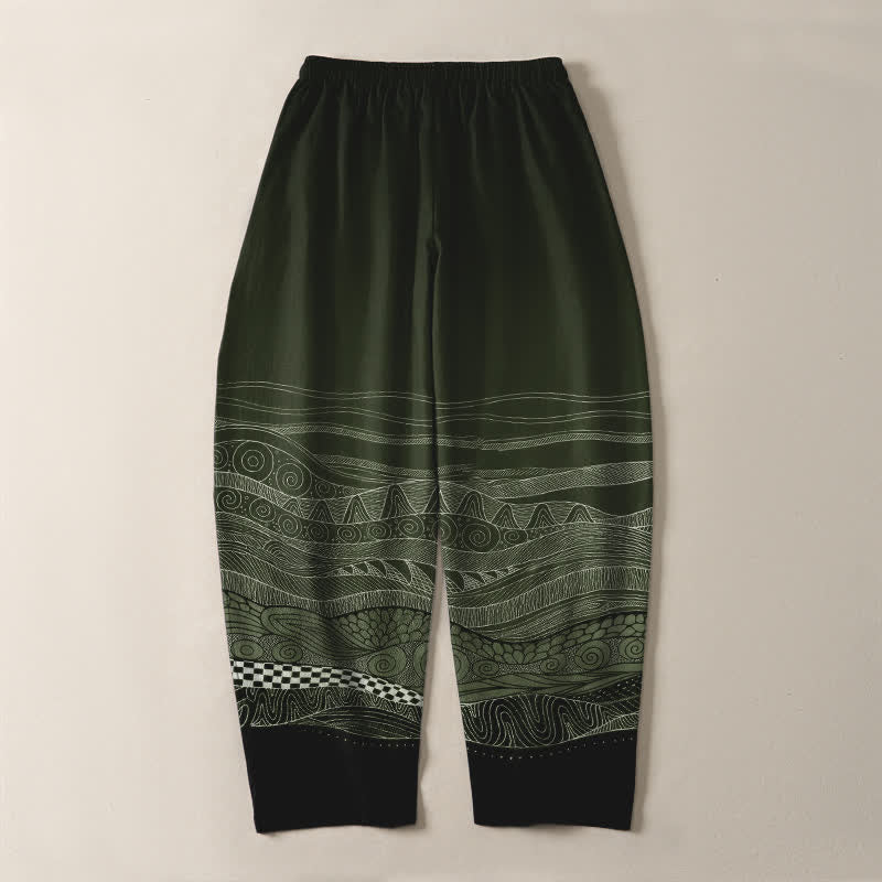 Buddha Stones Pantaloni da uomo affusolati in puro cotone con motivo a onde tribali e coulisse, con tasche. - image 14