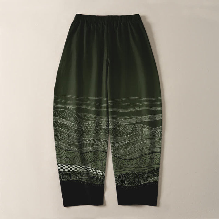Buddha Stones Pantaloni da uomo affusolati in puro cotone con motivo a onde tribali e coulisse, con tasche. - image 14