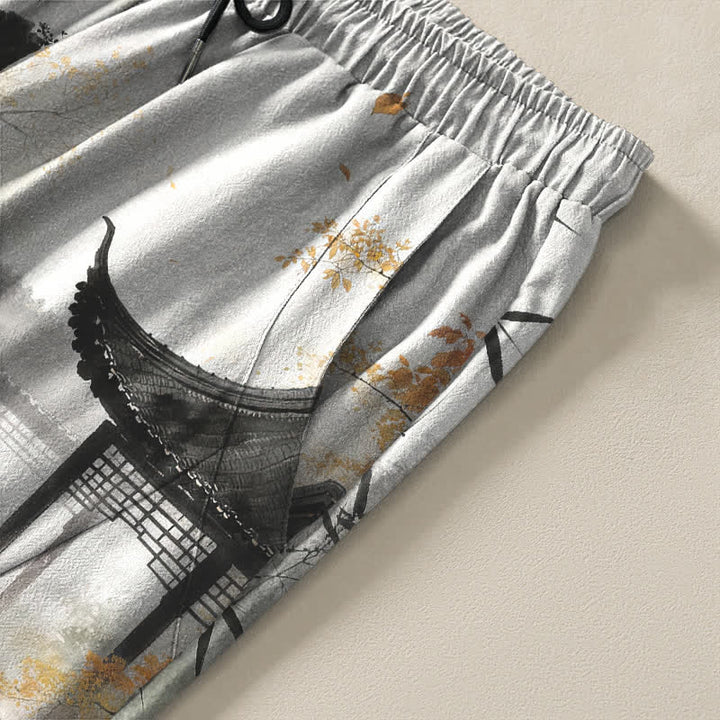 Buddha Stones Pantaloni da uomo affusolati con coulisse e tasche, in puro cotone, con stampa paesaggio e bambù. - image 4