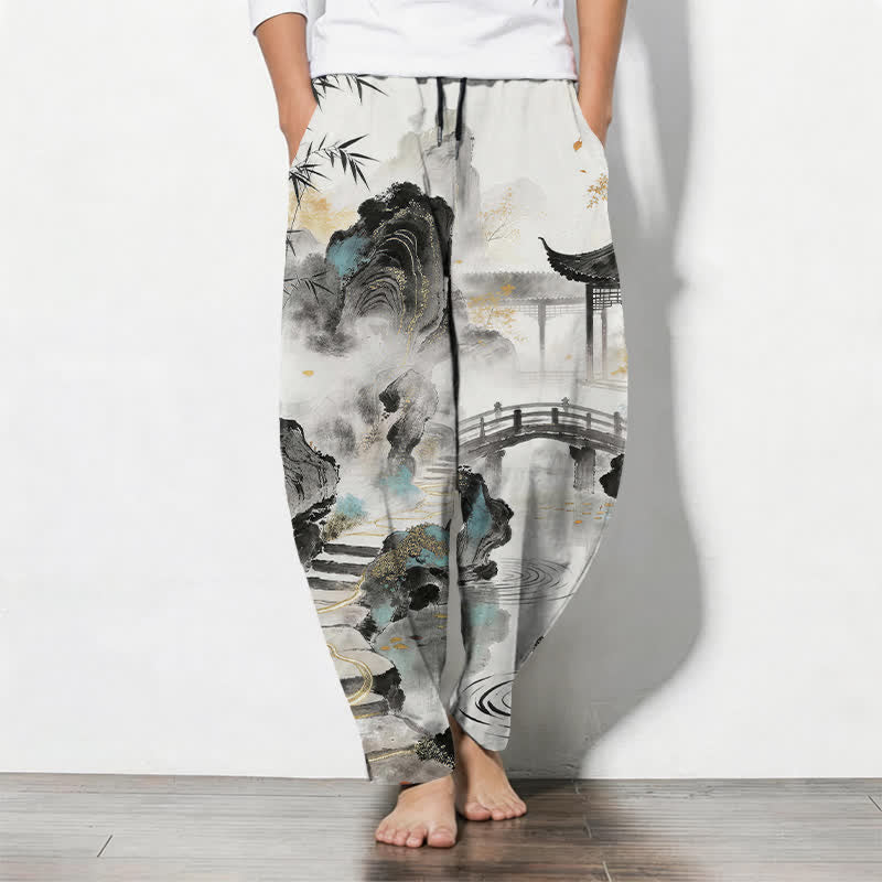 Buddha Stones Pantaloni da uomo affusolati con coulisse e tasche, in puro cotone, con stampa paesaggio e bambù. - Bianco - US/UK/AU50, EU60 (5XL) - image 0