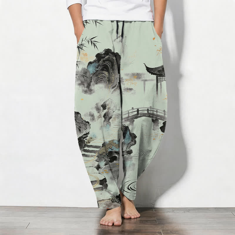 Buddha Stones Pantaloni da uomo affusolati con coulisse e tasche, in puro cotone, con stampa paesaggio e bambù. - Verde pallido - US/UK/AU50, EU60 (5XL) - image 11