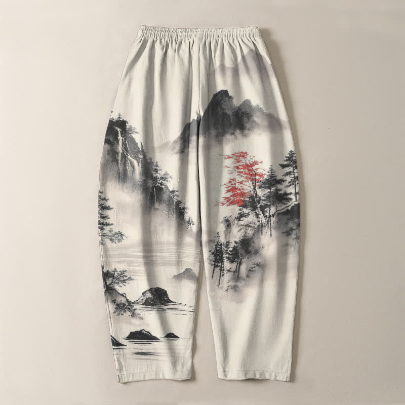 Buddha Stones Pantaloni da uomo affusolati con coulisse e tasche, in puro cotone lavato a inchiostro con motivo paesaggio montano. - image 3