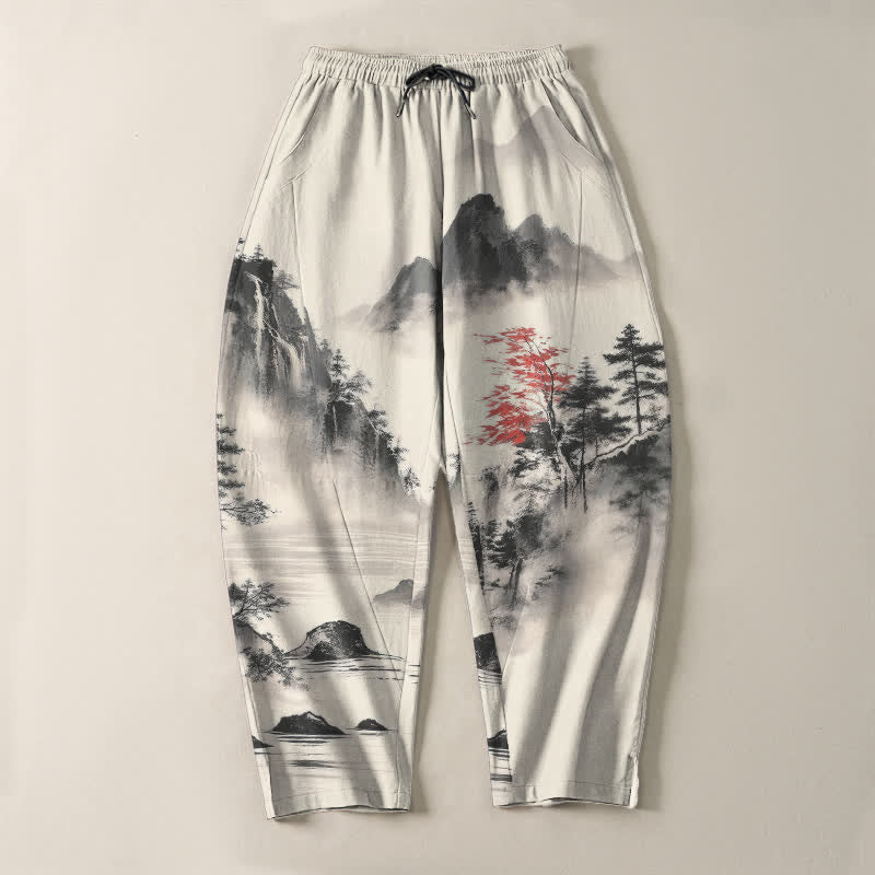 Buddha Stones Pantaloni da uomo affusolati con coulisse e tasche, in puro cotone lavato a inchiostro con motivo paesaggio montano. - image 2