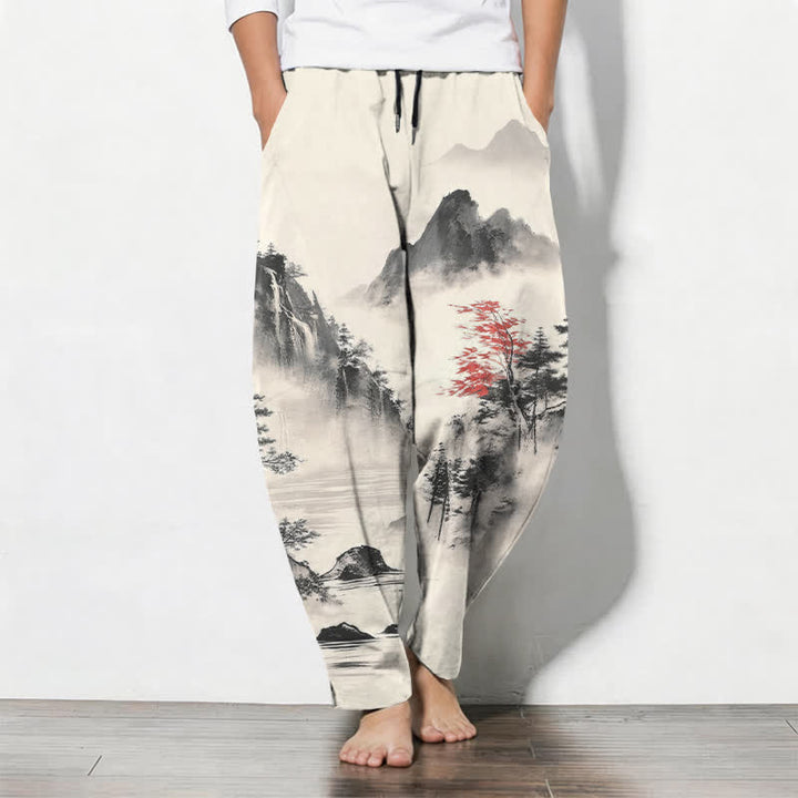 Buddha Stones Pantaloni da uomo affusolati con coulisse e tasche, in puro cotone lavato a inchiostro con motivo paesaggio montano. - Bianco - US/UK/AU50, EU60 (5XL) - image 0