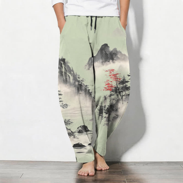 Buddha Stones Pantaloni da uomo affusolati con coulisse e tasche, in puro cotone lavato a inchiostro con motivo paesaggio montano. - Verde pallido - US/UK/AU50, EU60 (5XL) - image 7