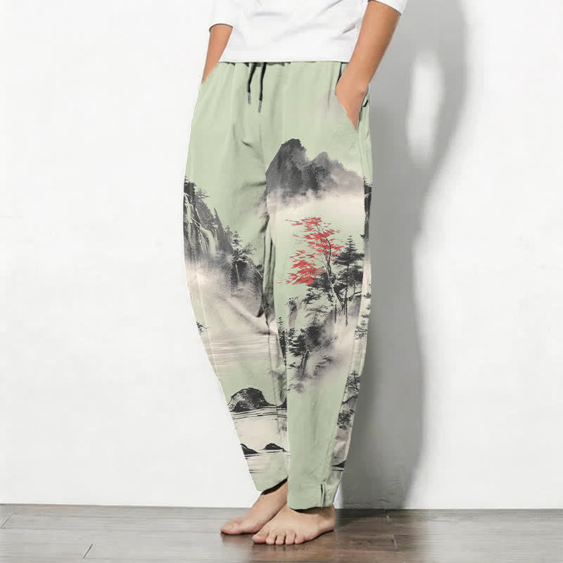 Buddha Stones Pantaloni da uomo affusolati con coulisse e tasche, in puro cotone lavato a inchiostro con motivo paesaggio montano. - image 8
