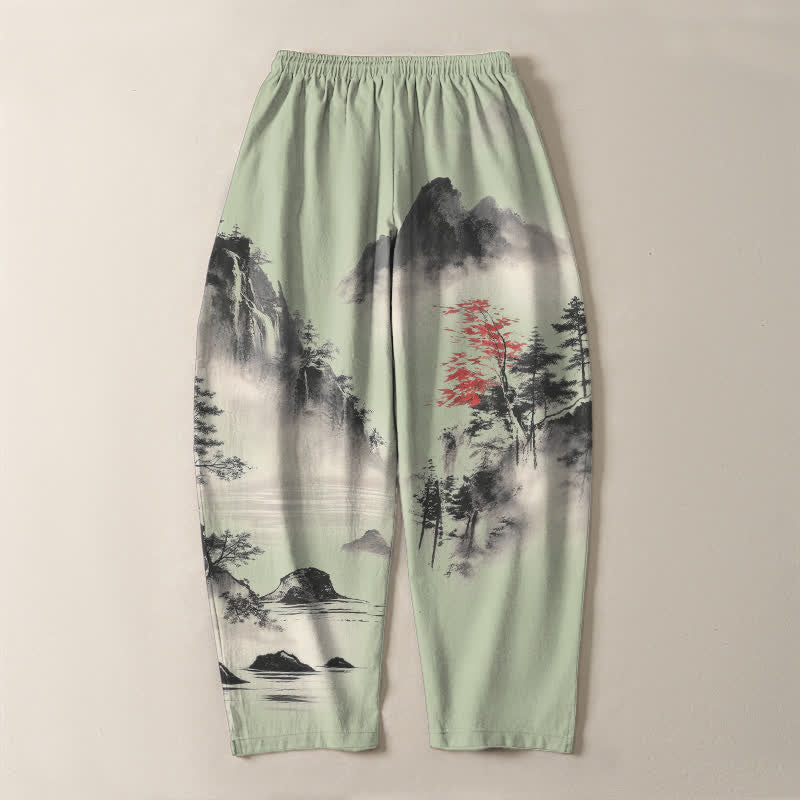 Buddha Stones Pantaloni da uomo affusolati con coulisse e tasche, in puro cotone lavato a inchiostro con motivo paesaggio montano. - image 10