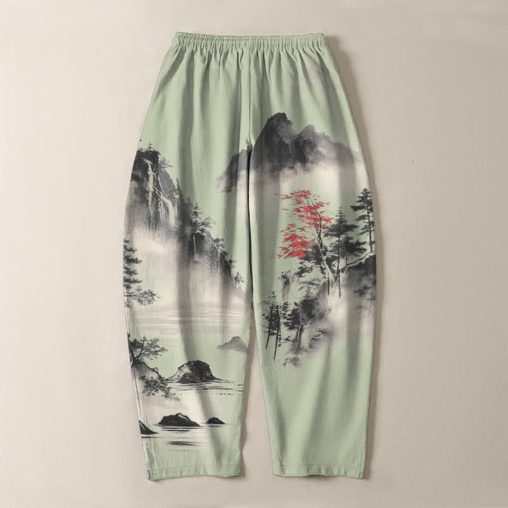 Buddha Stones Pantaloni da uomo affusolati con coulisse e tasche, in puro cotone lavato a inchiostro con motivo paesaggio montano. - image 10