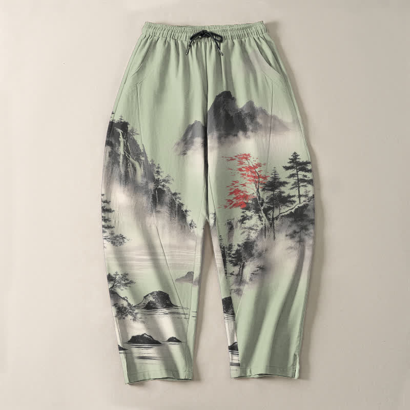 Buddha Stones Pantaloni da uomo affusolati con coulisse e tasche, in puro cotone lavato a inchiostro con motivo paesaggio montano. - image 9