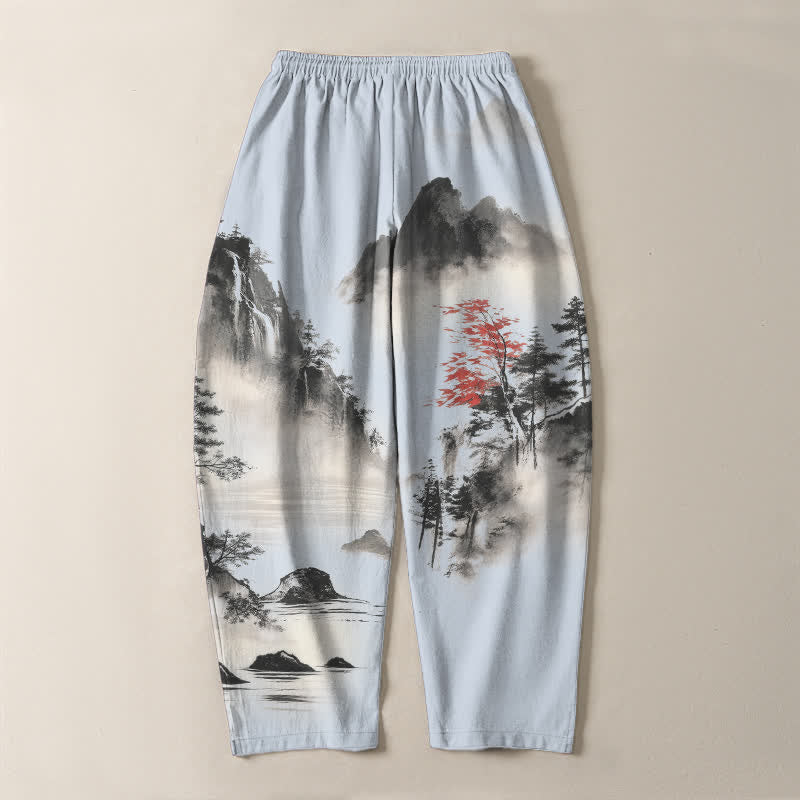 Buddha Stones Pantaloni da uomo affusolati con coulisse e tasche, in puro cotone lavato a inchiostro con motivo paesaggio montano. - image 14