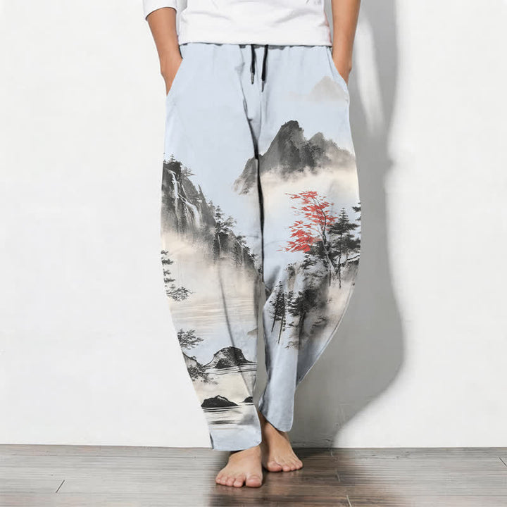 Buddha Stones Pantaloni da uomo affusolati con coulisse e tasche, in puro cotone lavato a inchiostro con motivo paesaggio montano. - Azzurro polvere - US/UK/AU50, EU60 (5XL) - image 11