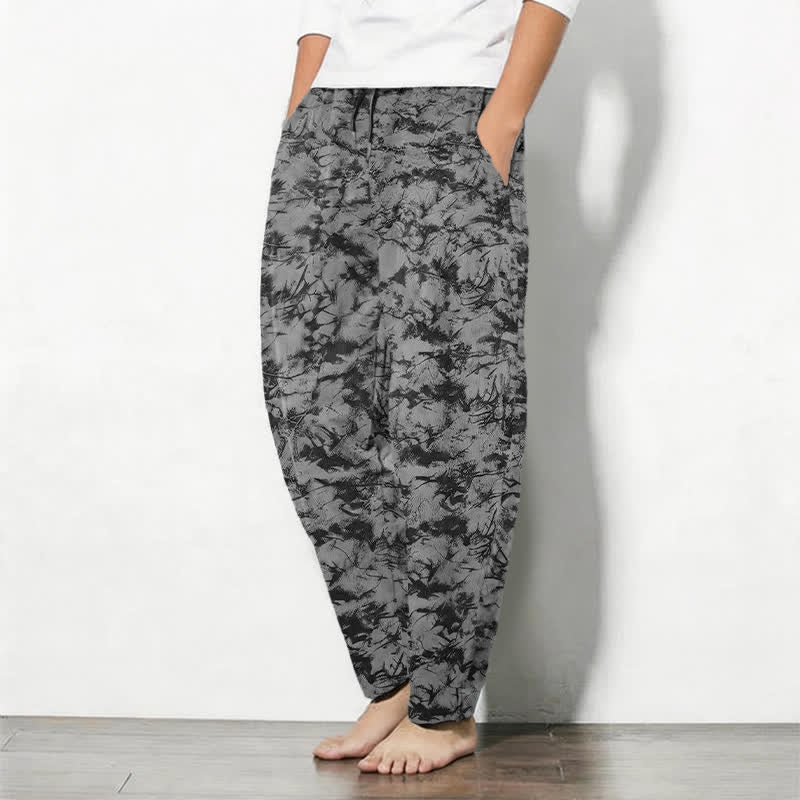 Buddha Stones Pantaloni da uomo affusolati con coulisse e tasche, in puro cotone, con fantasia mimetica effetto marmo scuro. - image 12