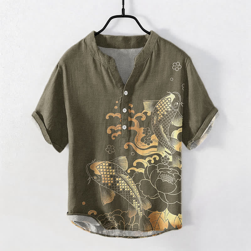 Buddha Stones Camicia da uomo a maniche corte con mezza abbottonatura, in cotone, con motivo di carpe koi e peonie. - Cachi scuro - US/UK/AU50, EU60 (5XL) - image 0