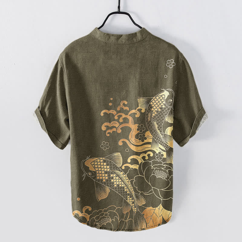 Buddha Stones Camicia da uomo a maniche corte con mezza abbottonatura, in cotone, con motivo di carpe koi e peonie. - image 1
