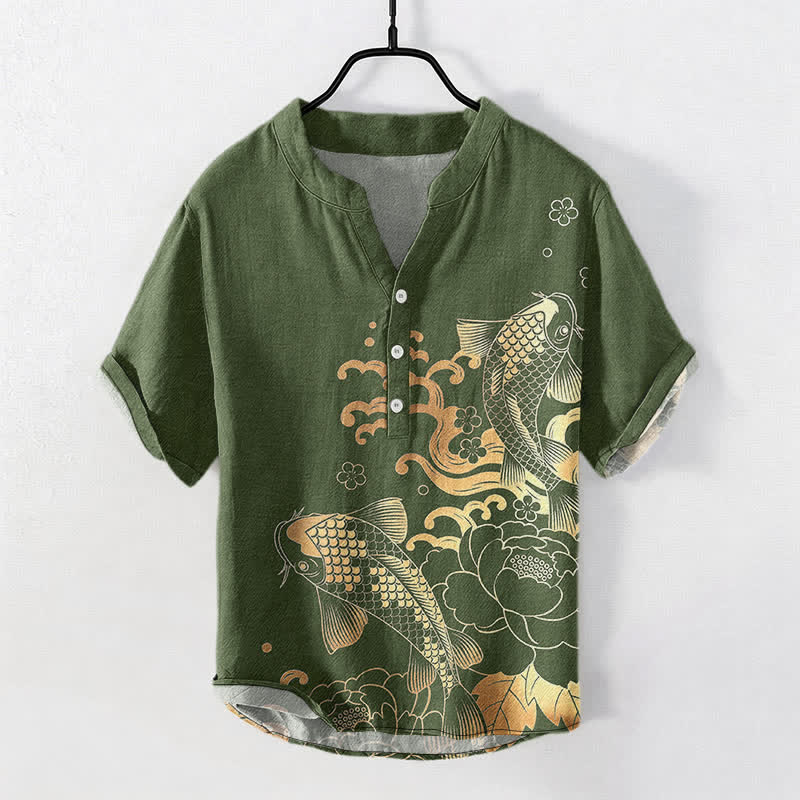 Buddha Stones Camicia da uomo a maniche corte con mezza abbottonatura, in cotone, con motivo di carpe koi e peonie. - Verde oliva - US/UK/AU50, EU60 (5XL) - image 7