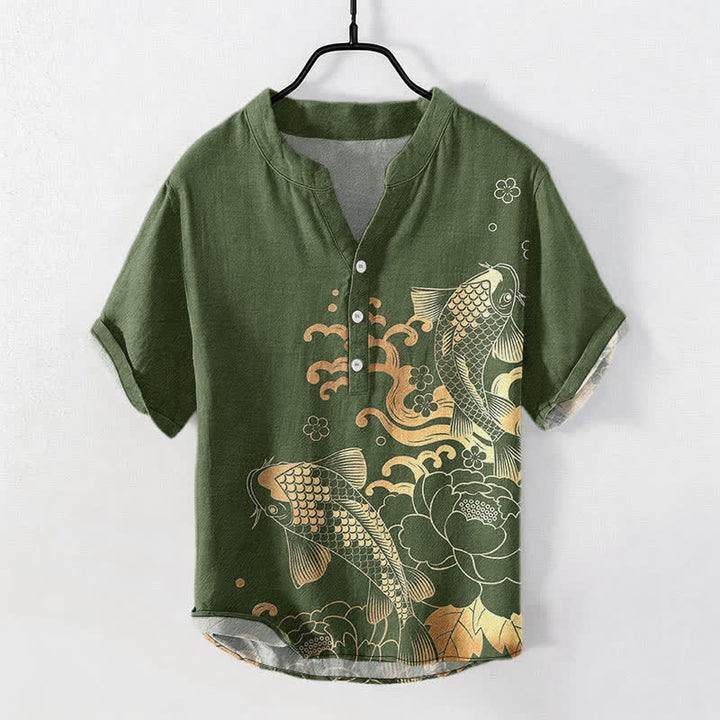 Buddha Stones Camicia da uomo a maniche corte con mezza abbottonatura, in cotone, con motivo di carpe koi e peonie. - Verde oliva - US/UK/AU50, EU60 (5XL) - image 7