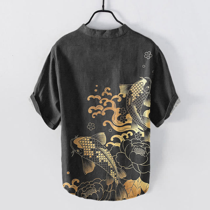 Buddha Stones Camicia da uomo a maniche corte con mezza abbottonatura, in cotone, con motivo di carpe koi e peonie. - image 6