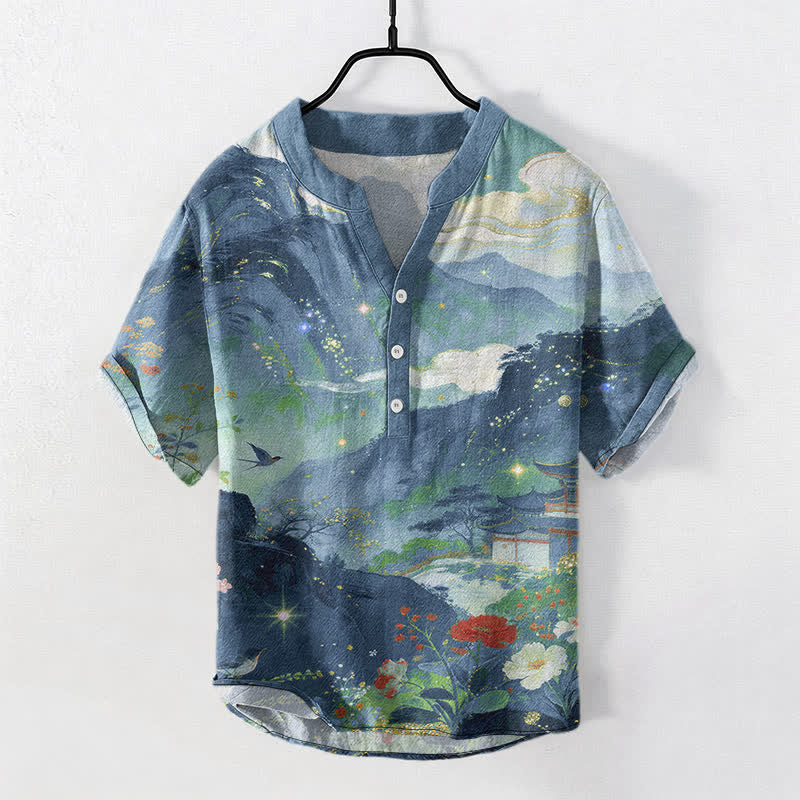 Buddha Stones Camicia da uomo a maniche corte con mezza abbottonatura, in cotone lavato a inchiostro con motivo paesaggistico. - Cadetto Blu - US/UK/AU50, EU60 (5XL) - image 0