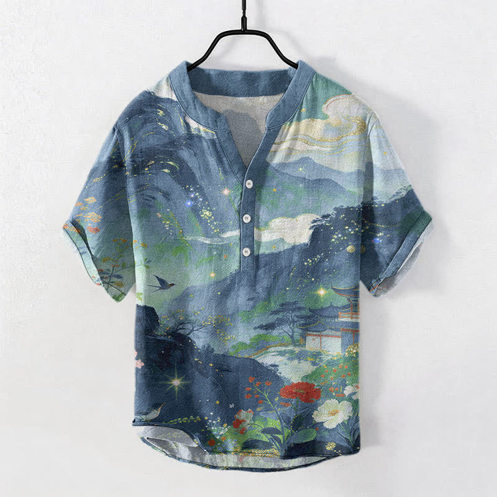 Buddha Stones Camicia da uomo a maniche corte con mezza abbottonatura, in cotone lavato a inchiostro con motivo paesaggistico. - Cadetto Blu - US/UK/AU50, EU60 (5XL) - image 0