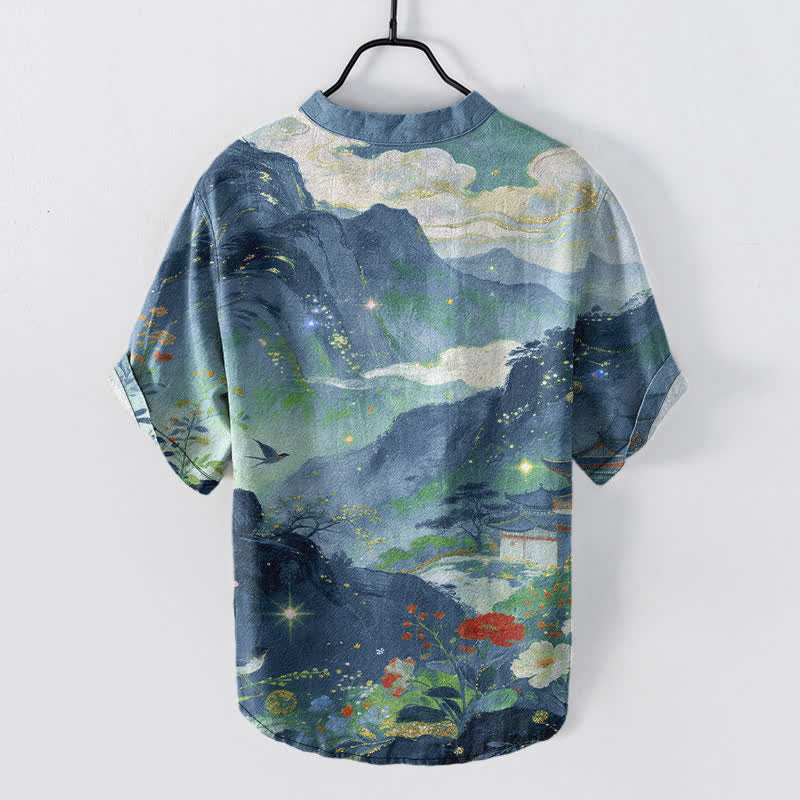 Buddha Stones Camicia da uomo a maniche corte con mezza abbottonatura, in cotone lavato a inchiostro con motivo paesaggistico. - image 1