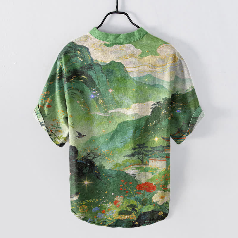 Buddha Stones Camicia da uomo a maniche corte con mezza abbottonatura, in cotone lavato a inchiostro con motivo paesaggistico. - image 6