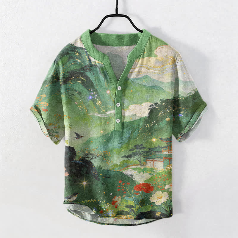 Buddha Stones Camicia da uomo a maniche corte con mezza abbottonatura, in cotone lavato a inchiostro con motivo paesaggistico. - Verde medio del mare - US/UK/AU50, EU60 (5XL) - image 5