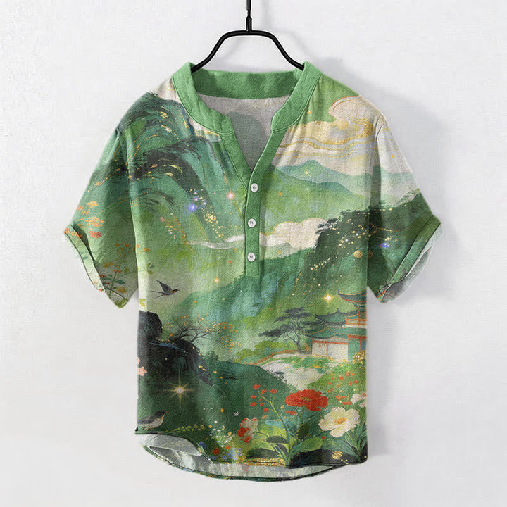 Buddha Stones Camicia da uomo a maniche corte con mezza abbottonatura, in cotone lavato a inchiostro con motivo paesaggistico. - Verde medio del mare - US/UK/AU50, EU60 (5XL) - image 5